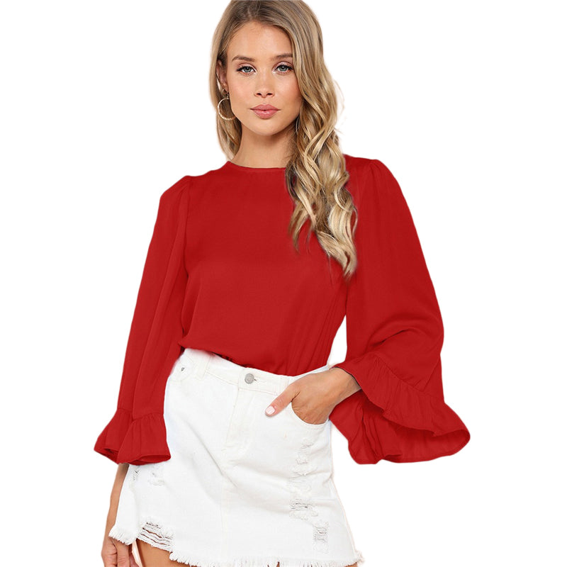 Elegant, Red Ruffle-Trim Sleeve Top